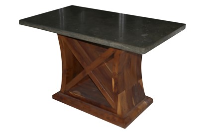 Lot 489 - AN ART DECO STYLE GREEN MARBLE TOPPED TABLE WITH A YEW WOOD BASE, LATE 20TH CENTURY