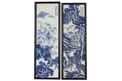 Lot 623 - A PAIR OF CHINESE BLUE AND WHITE PAINTINGS ON PORCELAIN, 20TH CENTURY