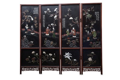 Lot 749 - A CHINESE FOUR-PANEL HARDSTONE-INLAID LACQUER SCREEN.