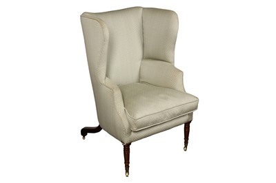 Lot 154 - A REGENCY MAHOGANY WING BACK BARREL SHAPED ARMCHAIR