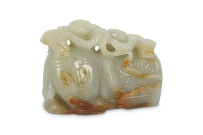 Lot 921 - A CHINESE PALE CELADON JADE 'BOYS AND ELEPHANT' GROUP.