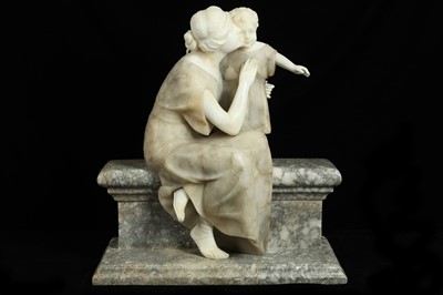 Lot 12 - A LATE 19TH CENTURY ITALIAN CARVED COLOURED MARBLE AND ALABASTER FIGURAL GROUP OF A MOTHER AND CHILD