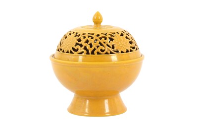 Lot 652 - A CHINESE YELLOW-GLAZED INCENSE BURNER AND COVER.