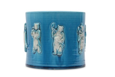 Lot 595 - A CHINESE TURQUOISE-GLAZED 'IMMORTALS' BRUSH POT, BITONG.