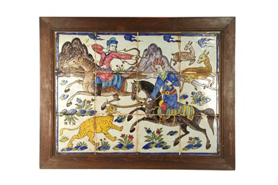 Lot 73 - A COMPLETE PANEL OF FIGURAL SAFAVID-REVIVAL CUERDA SECA POTTERY TILES