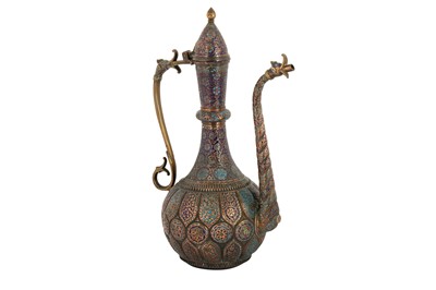 Lot 182 - A POLYCHROME-ENAMELLED KASHMIRI COPPER DRAGON EWER