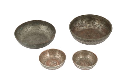 Lot 202 - FOUR ENGRAVED TINNED COPPER DRINKING BOWLS