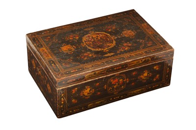 Lot 284 - A QAJAR LACQUERED PAPIER-MÂCHÉ MEJRI (CASKET)