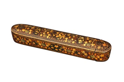 Lot 280 - A QAJAR LACQUERED PAPIER-MÂCHÉ QALAMDAN (PEN BOX)