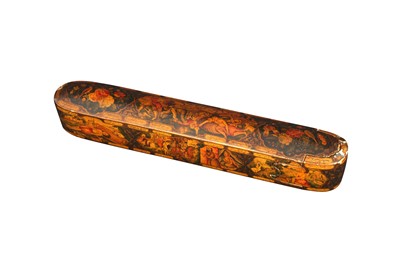Lot 283 - A LACQUERED PAPIER-MÂCHÉ QALAMDAN (PEN BOX) WITH LEYLA AND MAJNUN