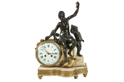 Lot 91 - AFTER THE MODEL BY ANDRE-CHARLES BOULLE: A LATE 19TH CENTURY FRENCH GILT AND PATINATED BRONZE AND MARBLE MANTEL CLOCK