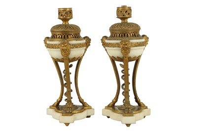 Lot 111 - A PAIR OF LATE 19TH CENTURY FRENCH GILT BRONZE AND WHITE MARBLE LAMP BASES IN THE MANNER OF PIERRE GOUTHIERE