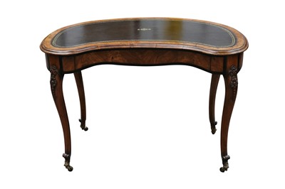 Lot 9 - A VICTORIAN EBONISED AND BURR WALNUT KIDNEY SHAPED WRITING TABLE