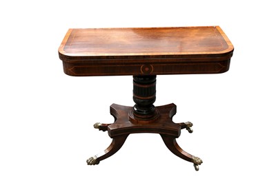 Lot 5 - A REGENCY ROSEWOOD VENEERED CROSS BANDED FOLD OVER CARD TABLE