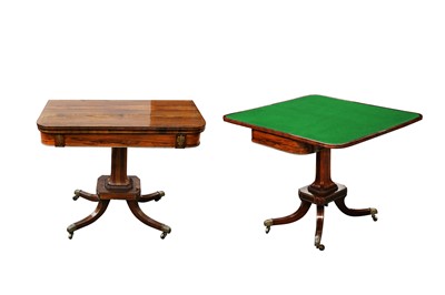 Lot 1 - A PAIR OF REGENCY PERIOD ROSEWOOD VENEERED AND BRASS INLAID FOLD OVER CARD TABLES