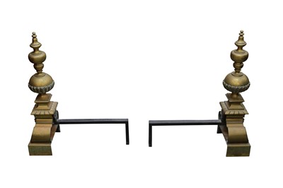 Lot 29 - A PAIR OF POLISHED BRASS ANDIRONS IN THE LATE 17TH CENTURY STYLE