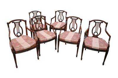 Lot 13 - A SET OF SIX NEOCLASSICAL STYLE MAHOGANY LYRE BACK ARMCHAIRS, LATE 19TH/EARLY 20TH CENTURY