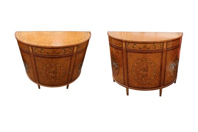 Lot 4 - A PAIR OF NEOCLASSICAL TASTE SATINWOOD, MARQUETRY INLAID AND PAINTED DEMI LUNE COMMODES