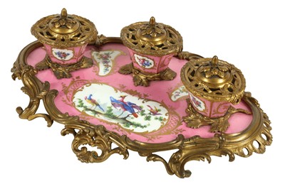 Lot 77 - A MID 19TH CENTURY FRENCH GILT BRONZE AND SEVRES STYLE PORCELAIN MOUNTED INKSTAND