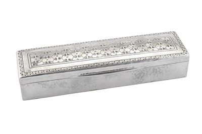 Lot 275 - A George V sterling silver ‘Art and Crafts’ stamp or stationary box, Birmingham 1912 marked for Liberty and Co, probably designed by Bernard Cuzner (1877-1956)