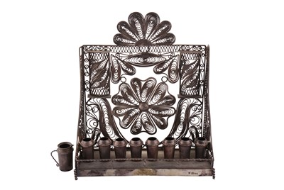 Lot 149 - A Nicholas II Russian Provincial (Belarussian) 84 zolotnik (875 standard) silver filigree Hanukkah lamp, Minsk 1893 by Г.K (untraced)