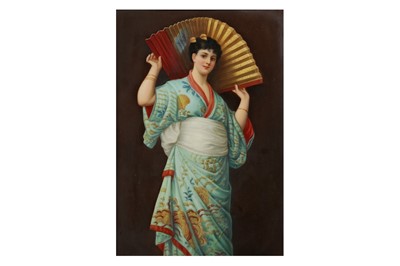 Lot 224 - A LATE 19TH CENTURY BERLIN K.P.M. PORCELAIN PLAQUE DEPICTING A GIRL WITH A FAN
