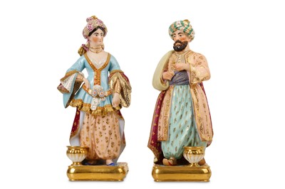 Lot 59 - A PAIR OF MID 19TH CENTURY 'PORCELAIN DE PARIS' FIGURAL PERFUME BOTTLES OF A SULTAN AND SULTANA