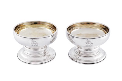 Lot 363 - A pair of George II sterling silver spool salts, London 1740 by Edward Wood (first reg. 18th Aug 1722, this mark: 3rd Sep 1740)