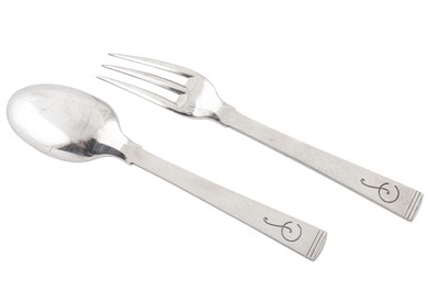 Lot 123 - An early 20th century French 950 standard silver Art Deco christening set, Paris circa 1930 by Jean Elysée Puiforcat (1897-1945)