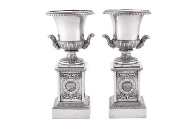 Lot 256 - A pair of late 19th century Victorian silver-plated garniture urns, probably Birmingham circa 1880