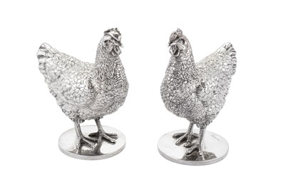 Lot 317 - A pair of heavy George V sterling silver table ornaments of chicken hens, Birmingham 1934 by Fattorini & Sons Ltd