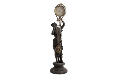 Lot 203 - A LATE 19TH CENTURY AMERICAN BRONZED SPELTER FIGURAL SWINGING PENDULUM MYSTERY CLOCK