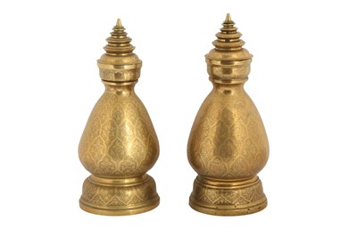 Lot 286 - A PAIR OF THAI ENGRAVED CEREMONIAL BRASS VASES