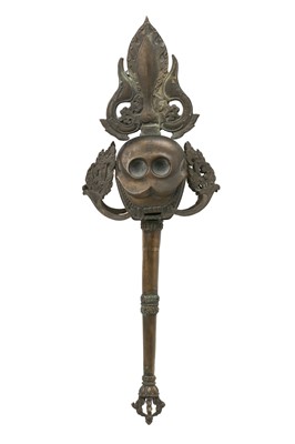 Lot 485 - A TIBETAN BRONZE RITUAL STAFF, KHATVANGA.