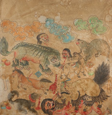 Lot 502 - A TIBETAN TEMPLE HANGING DEPICTING HELL.