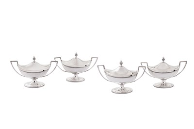 Lot 414 - A set of four George III sterling silver sauce tureens, London 1802/03 by John Emes (this mark reg. 10th Jan 1798)