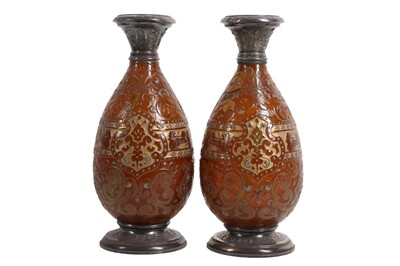 Lot 64 - A PAIR OF LATE 19TH CENTURY FRENCH SILVER MOUNTED GLASS VASES BY BURGUN, SCHVERER & CIE