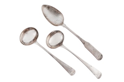 Lot 377 - A pair of George III provincial sterling silver sauce ladles, Exeter circa 1800 by William Newman Dunsford of Plymouth (active 1794-1817)