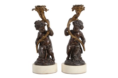 Lot 118 - A PAIR OF MID 19TH CENTURY FRENCH BRONZE AND ORMOLU CANDLESTICKS AFTER CLODION
