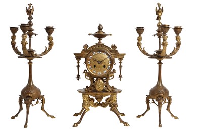 Lot 195 - A 19TH CENTURY FRENCH BELLE EPOCH GILT BRONZE MANTEL CLOCK GARNITURE