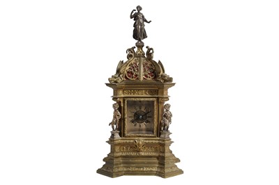 Lot 210 - A LATE 19TH CENTURY GILT AND SILVERED METAL TABLE CLOCK IN THE 17TH CENTURY STYLE