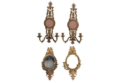 Lot 115 - TWO PAIRS OF LATE 19TH CENTURY FRENCH EMPIRE STYLE ORMOLU WALL APPLIQUES