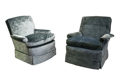Lot 93 - A PAIR OF BLUE VELVET UPHOLSTERED ARMCHAIRS, EARLY 20TH CENTURY