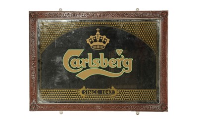 Lot 386 - A MIRRORED GLASS CARLSBERG SIGN TOGETHER WITH ANOTHER FOR REAL ALE