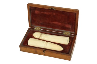 Lot 153 - A 19TH CENTURY ENGLISH CARVED IVORY PHALLUS IN MAHOGANY CASE