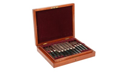 Lot 337 - A SET OF TWELVE VICTORIAN SILVER, BLOODSTONE AND AGATE HANDLED DESSERT KNIVES AND FORKS, LONDON 1889 BY WILLIAM HUTTON AND SONS