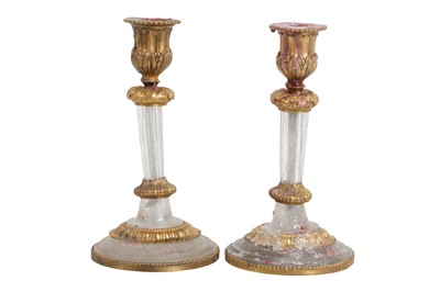 Lot 108 - A PAIR OF 19TH CENTURY FRENCH ROCK CRYSTAL AND ORMOLU MOUNTED CANDLESTICKS