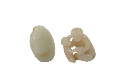 Lot 560 - TWO CHINESE WHITE JADE 'MONKEY' CARVINGS.