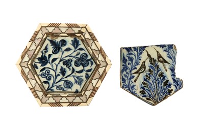Lot 56 - λ TWO MAMLUK BLUE AND WHITE HEXAGONAL POTTERY TILES