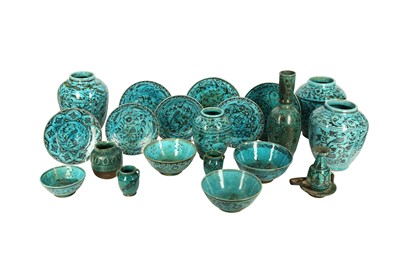 Lot 100 - A GROUP OF TWENTY-ONE BLACK-PAINTED AND TURQUOISE-GLAZED KUBACHI-STYLE POTTERY VESSELS